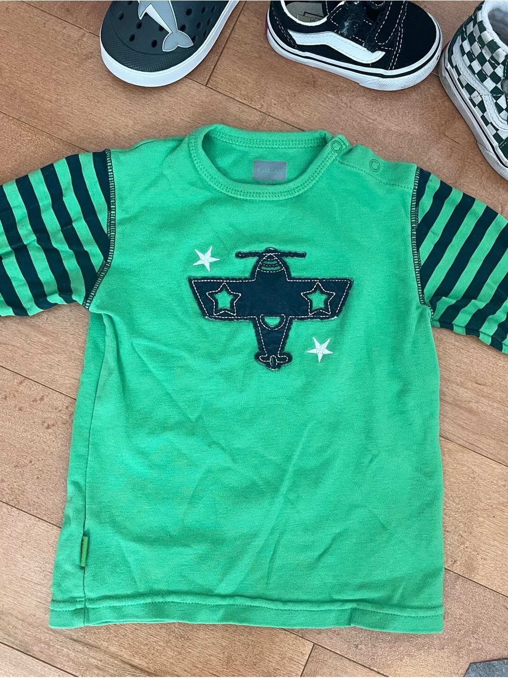 Kushies Green Long Sleeve Tee with Navy Plane Appliqué and Striped Sleeves